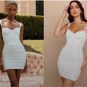 NWT HOUSE OF CB LUCINDA WHITE CREAM RUCHED BACHELORETTE CORSET TIE MINI DRESS S